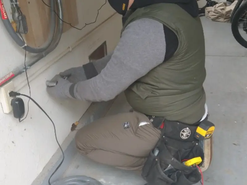 Electrician performing outlet wiring in a Douglass Hills garage